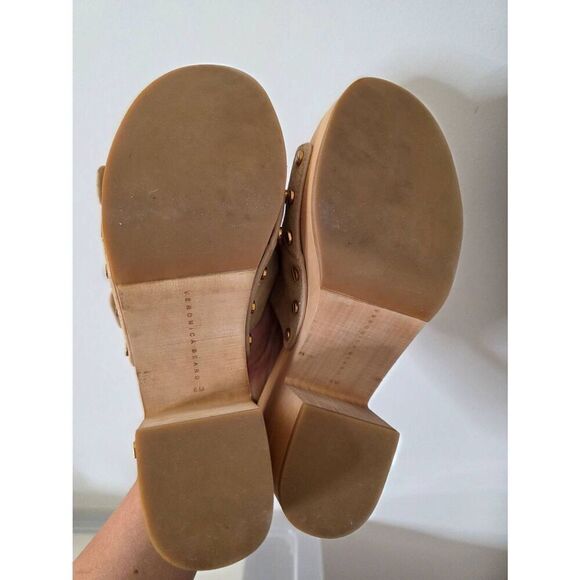 Veronica Beard Halifax Suede Dual Buckle Open Toe High Heel Clog Shoe In Desert - Picture 6 of 9